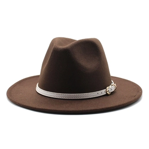 Detailed view of wide-brimmed wool fedora with white belt and gold buckle accent