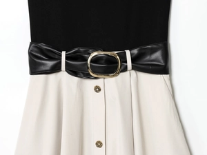 Detail of color-block dress featuring black leather belt and gold oval buckle accent
