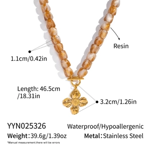 Detailed specs of resin beaded necklace with golden flower pendant and dimensions