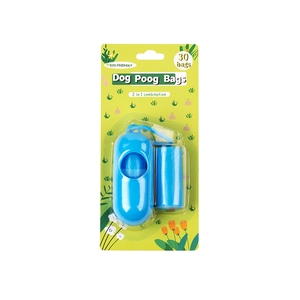 Blue pill-shaped dog waste bag dispenser and refill roll in blister card packaging