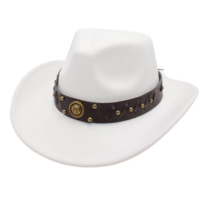 White western cowboy hat with studded leather band and horseshoe emblem decoration
