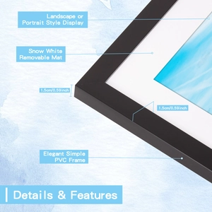 Close-up of black PVC frame with a 1.5cm border and removable white mat for photos