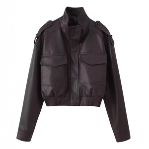 Short faux leather cropped jacket with stand collar and large pockets in dark burgundy