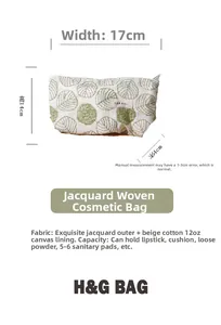 Detail view of cotton linen cosmetic bag with green leaf pattern and size specifications