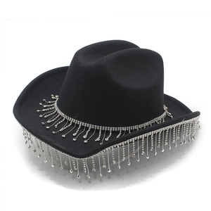 Western Cowboy Hat Felt Wide Brim With Rhinestone Tassel Fringe For Women Party Stage Wedding Glam Sparkly Fedora