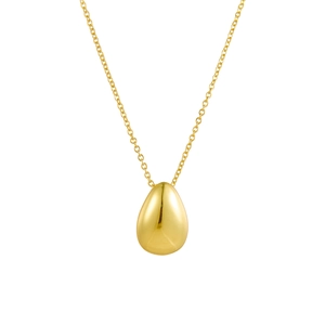 Minimalist gold water-drop pendant necklace with polished mirror finish on white background