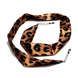 Handmade leopard print silk ribbon glasses chain with elegant pearl beads and rubber loops