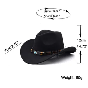 Western wool cowboy hat with turquoise band and detailed sizing specifications guide