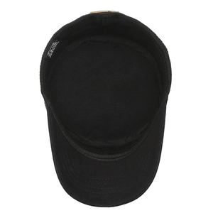 Classic black 100% cotton flat top army cap with breathable fabric and clean stitching