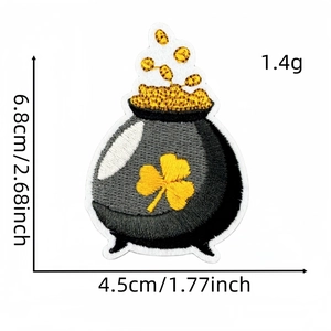Detail of St. Patrick's Day pot of gold embroidery patch with clover showing exact dimensions