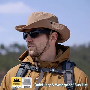 Outdoor Sun Bucket Hat Waterproof Quick Dry Wide Brim Adjustable Wind Rope Fishing Hiking Safari Boonie Cap For Men