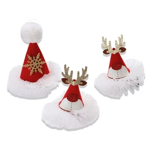 Weihnachts-Haarspangen-Set für Mädchen mit roten Samthüten, Goldgeweih und Spitze