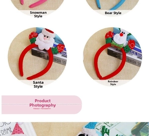 Detail view of four glowing Christmas headbands featuring snowman, bear, and Santa designs