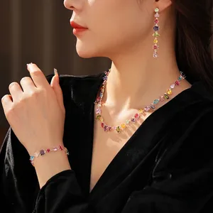 Colorful zircon jewelry set with water drop necklace, earrings and bracelet for women