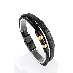 Men's multilayer braided leather bracelet with black and gold stainless steel accents
