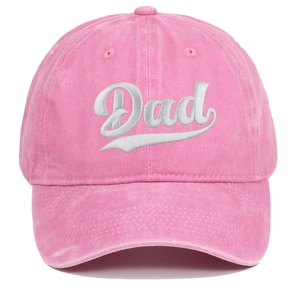 Detailed close-up of pink washed cotton baseball cap with white 3D Dad embroidery