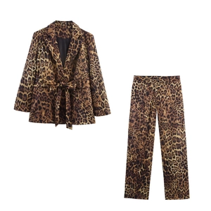 Blazer Y Pantalón Recto De Mujer Con Estampado De Leopardo Manga Larga Poliéster Cinturón De Lazo Moda Casual