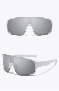 Front and side views of white frame oversized sports sunglasses with silver mirrored lenses