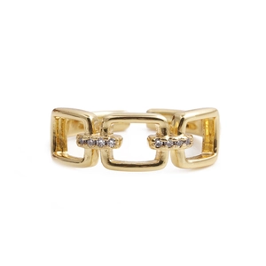 Double layered chain open ring with gold plating and pave-set cubic zirconia accents