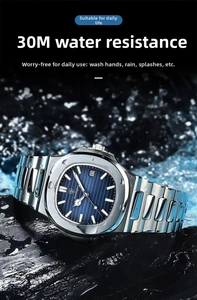 Detailed view of 30M waterproof blue dial watch with luminous hands and date display