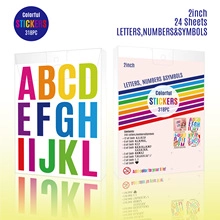 Detailed sheet showing 2-inch colorful alphabet stickers with 318 pieces for DIY party deco