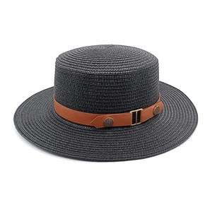 Elegant black woven straw boater hat with a brown leather band and gold metal buckle