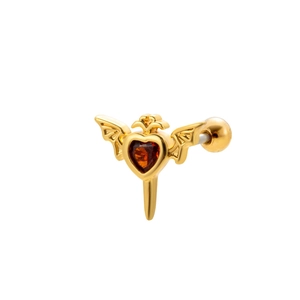 Gothic bat wing ear stud with red heart zircon and golden metal sword detail