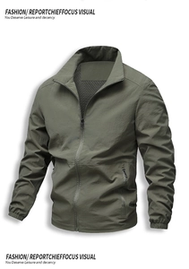 Detail of army green jacket showing breathable mesh lining and stand collar structure