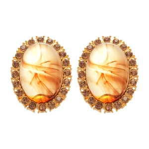 Oval amber resin drop earrings with brown crystal halo and gold-plated vintage base