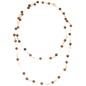 Double-layered tiger eye bead necklace with crystal accents and metallic clasp