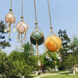 Hanging crystal stone mesh necklaces with pink and green spheres and star charms