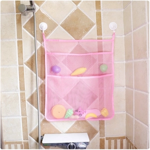 Pink mesh bath toy organizer with dual suction cups fixed on bathroom tile walls