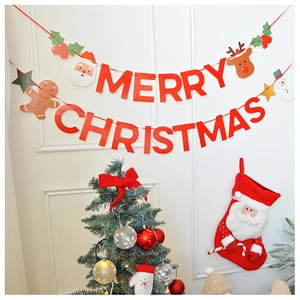 Close-up of Merry Christmas banner with Santa stockings and decorative trees for walls