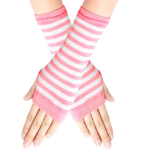 Close-up of pink and white striped knitted arm warmers with thumb holes on model