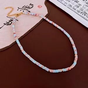 New Chinese style round Shoushan stone necklace with blue and reddish brown vintage beads