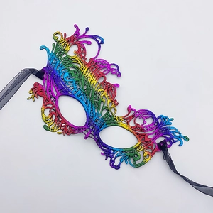 Close-up of rainbow gradient lace phoenix mask with intricate baroque cutouts
