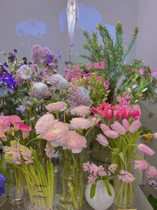 Detailed arrangement of pink tulips and hyacinths in glass vases with floral text