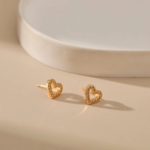 Elegant 18K gold plated heart stud earrings with sparkling cubic zirconia accents
