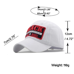 White cotton baseball cap with BLACK REBEL embroidery and adjustable sun shade visor