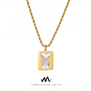 Minimalist Rectangular Zircon Pendant Necklace Titanium Steel Copper Gold Rope Chain Geometric Chic Jewelry For Women