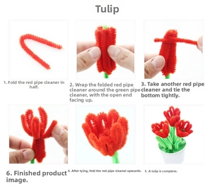 Step-by-step DIY tutorial for making red velvet pipe cleaner tulips in six clear stages