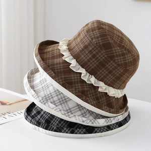 Set of three plaid sun hats with lace trim in brown, cream, and black colors