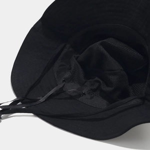 Black wide brim sun hat with breathable mesh lining and adjustable windproof cord