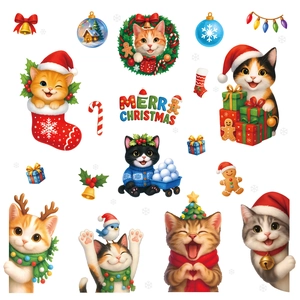 Cute Christmas cat window stickers featuring kittens with Santa hats and snowflakes