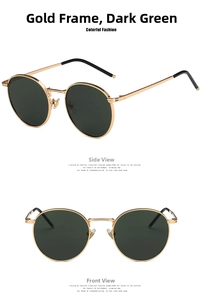 Detail view of vintage round sunglasses with a gold metal frame and dark green lenses