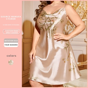 Nuisette En Satin À Imprimé Floral Champagne Pour Femmes Grande Taille Imitation Satin Col En V Sans Manches Vêtements De Nuit