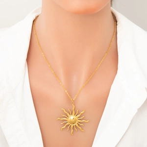 Elegant 18k gold plated stainless steel sunburst pendant necklace for women worn on neck