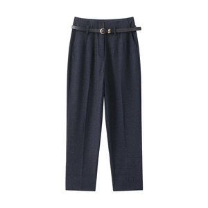 Women high waist straight trousers in dark grey with a thin black leather belt