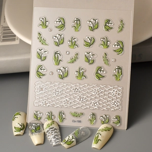 Nail Stickers 5D Embossed Lily Of The Valley Floral White Lace Artificial Pearl Design Waterproof Ultra Thin Manicure Accessories For Women