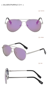 Multiple views of silver aviator sunglasses with purple polarized lenses model C11